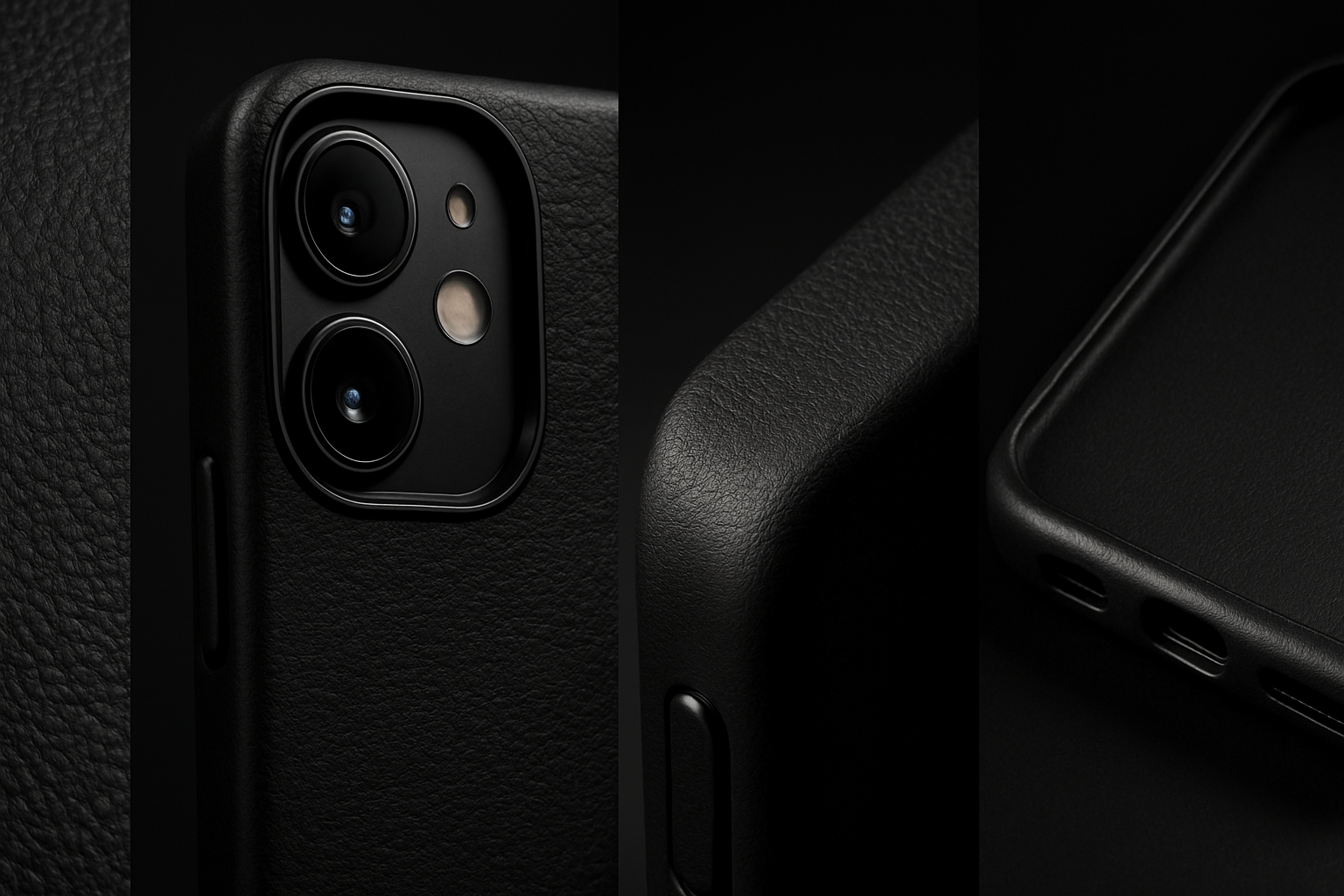 un banner donde predomine el color negro con estilo hiperrealista y detallado en el que se muestren fotografías de detalles de una nueva funda negra para teléfonos móviles modernos